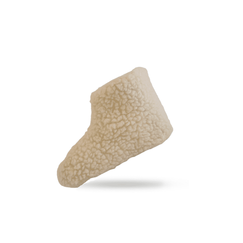 Hvid Fluffy uldstøvler fra SHUS.dk – håndlavet i Indien med New Zealandsk uld, ruskindssål og selvrensende egenskaber.