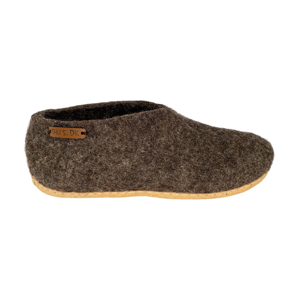 Uldhjemmesko (100% ren uld) - Model Brun m/sål i skind - Dansk Design fra SHUS
