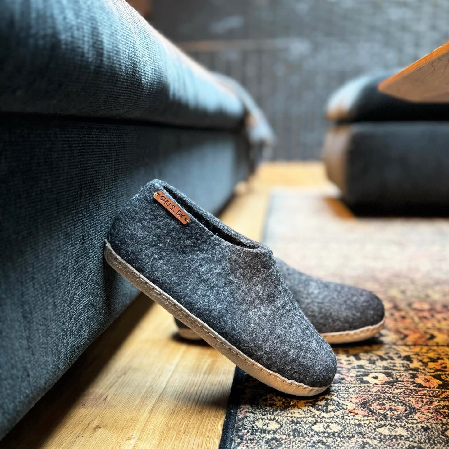 Uldhjemmesko (100% ren uld) - Model Koks m/sål i skind - Dansk Design fra SHUS