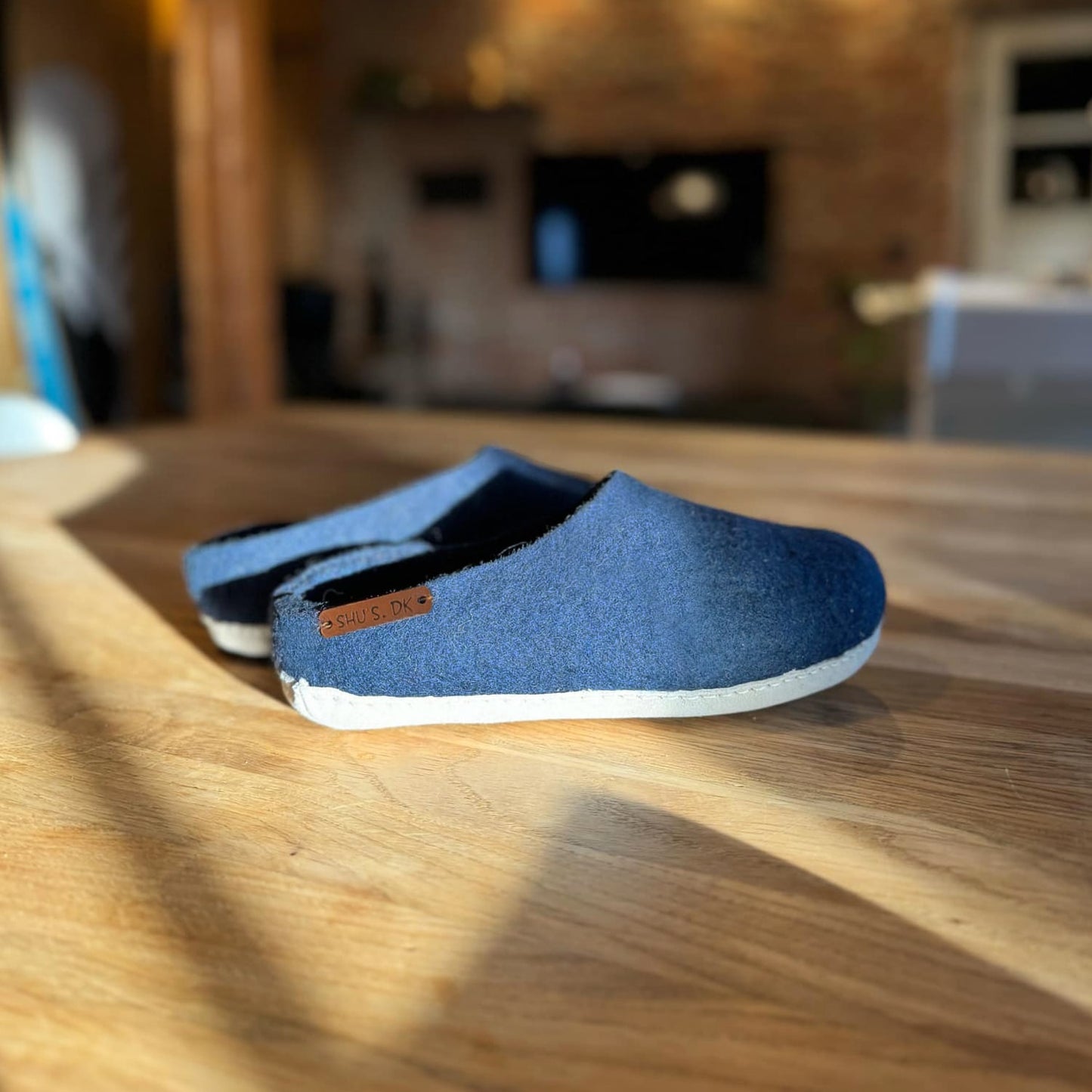 Uldtøffel (100% ren uld) - Blå hjemmesko m/sål i skind - Dansk Design fra SHUS