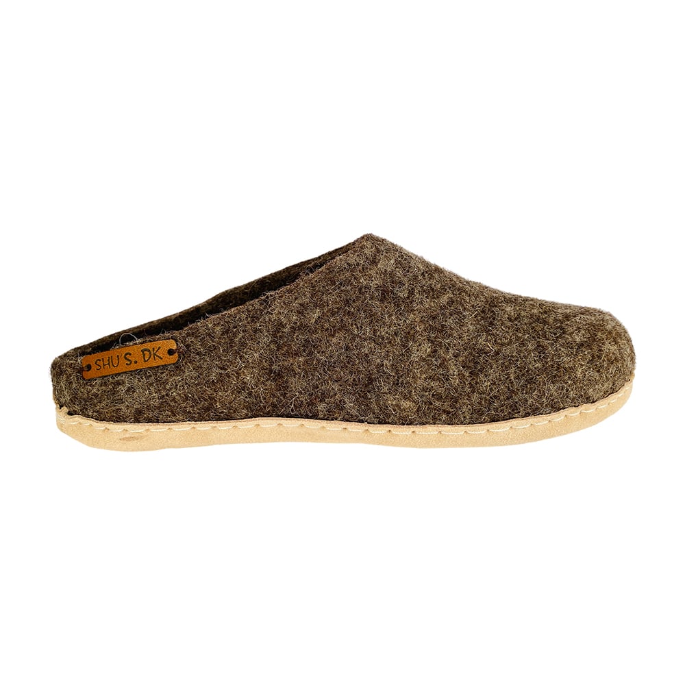 Uldtøffel (100% ren uld) - Model Brun m/sål i skind - Dansk Design fra SHUS