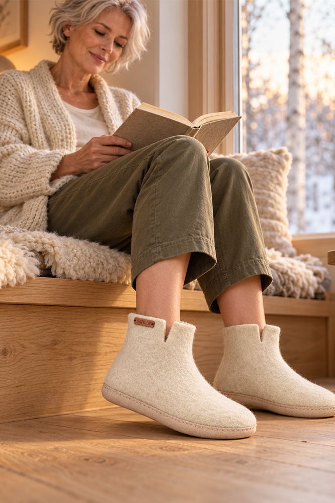 Uldstøvle (100% ren uld) - Model beige m/sål i skind