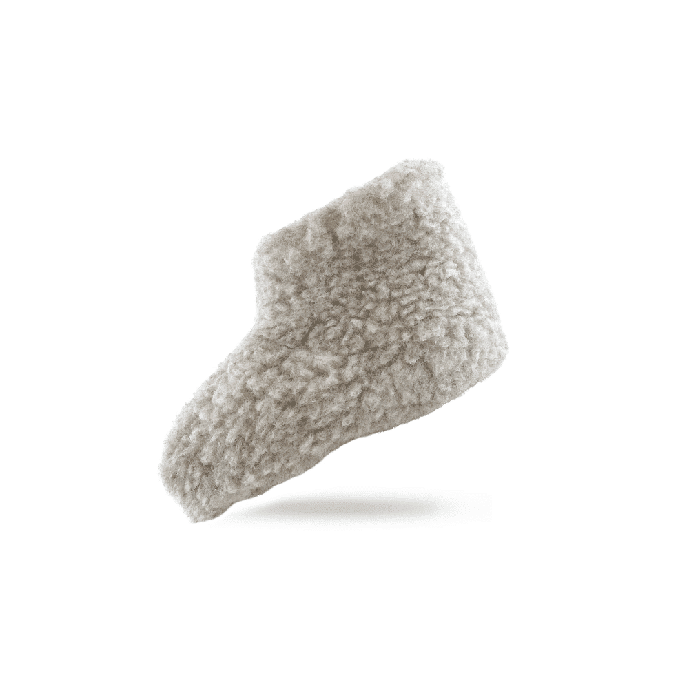 grå og fluffy sutsko fra SHUS.dk – håndlavet i Indien med New Zealandsk uld, ruskindssål og selvrensende egenskaber.