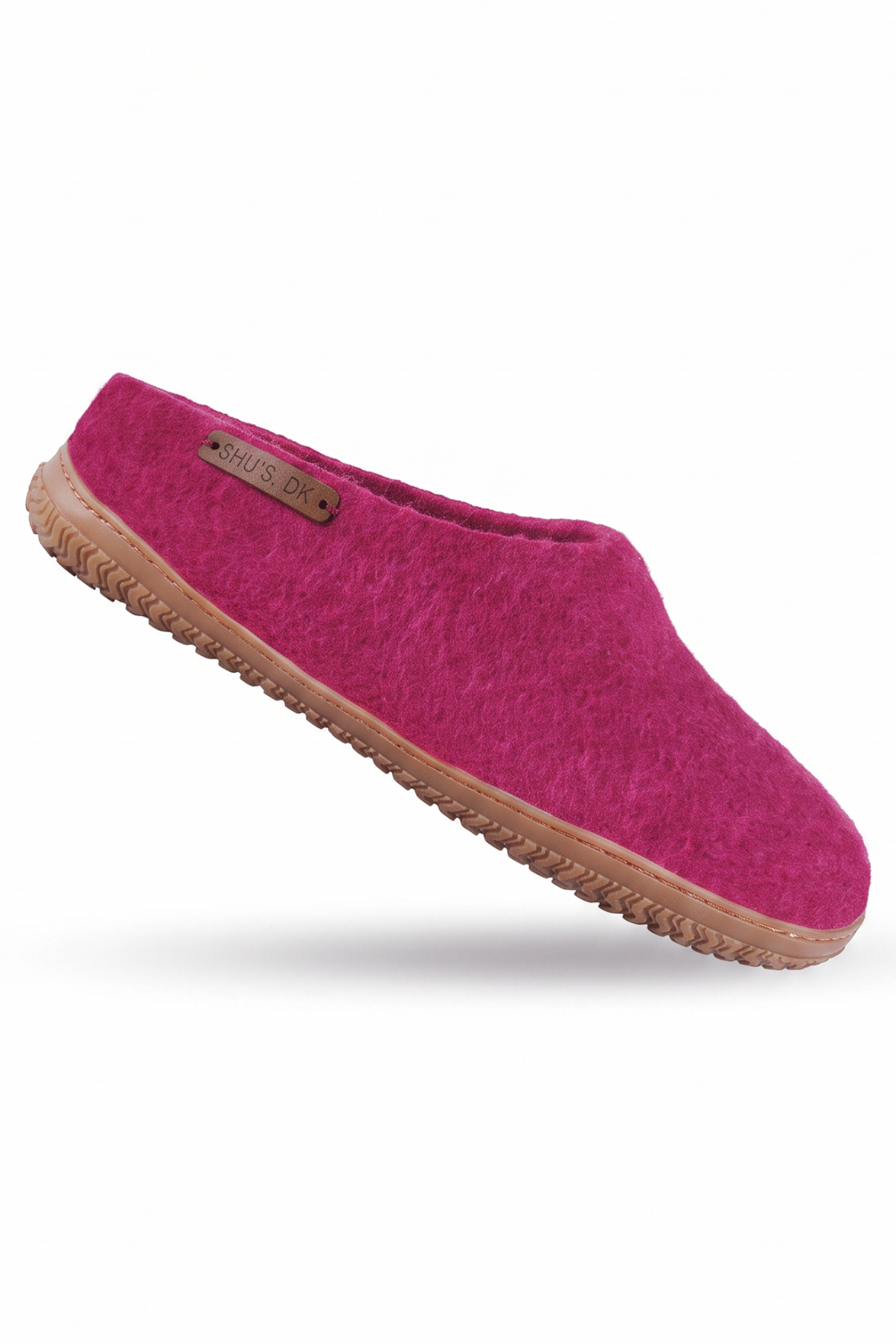 SHUS.dk håndlavet pink uldtøffel med skridsikker gummisål i 100% ren New Zealandsk uld