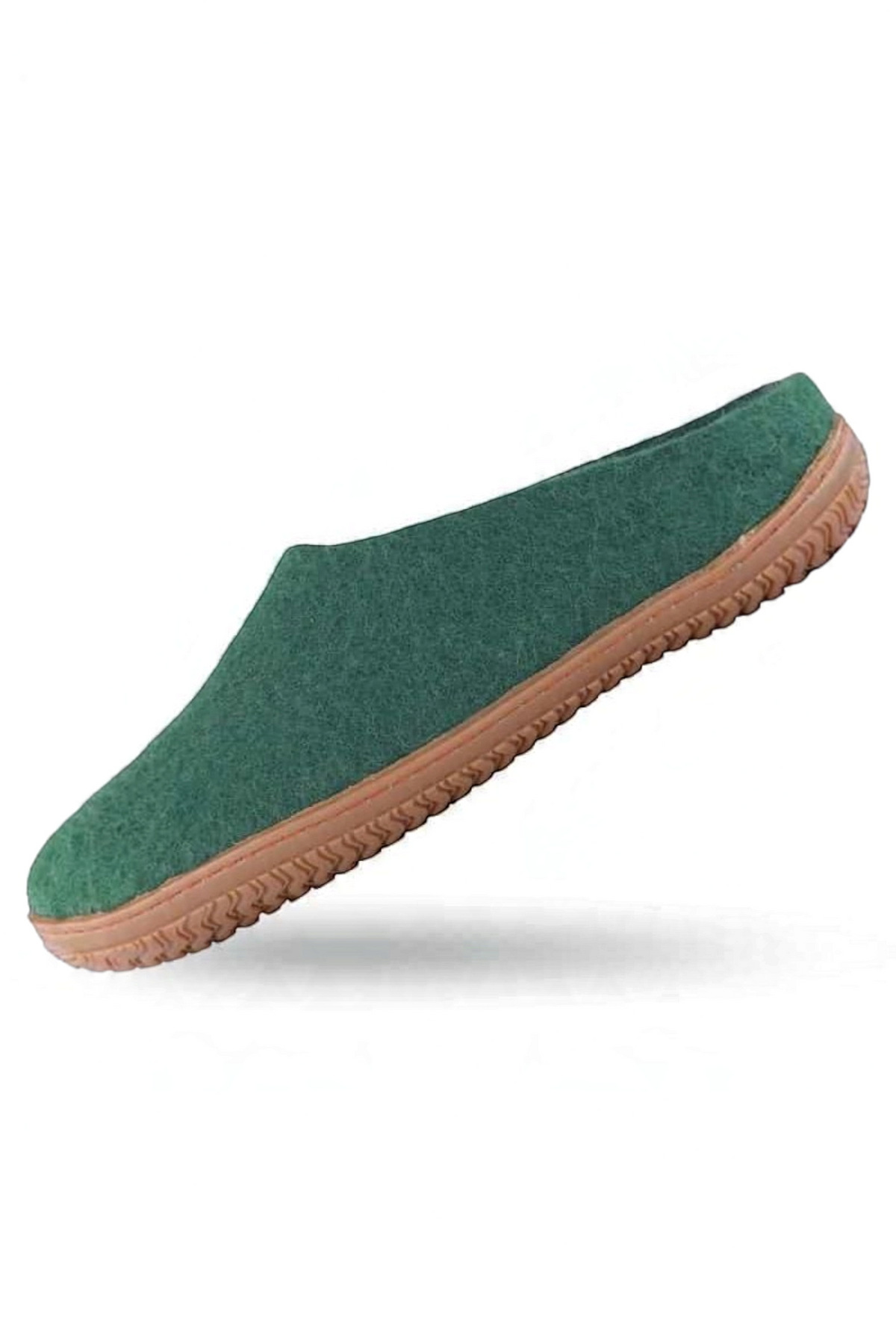 Håndlavede grønne uld tøffel uden hæl fra Shus.dk, lavet af 100% New Zealandsk uld, sikrer varme og komfort. Med natur gummisål. Dansk design.