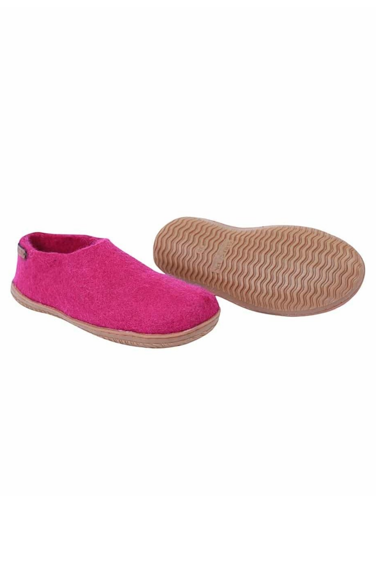 Håndlavede pink uldhjemmesko med gummisål fra SHUS – dansk design, højt skaft, ideel til vinterkomfort og stil.
