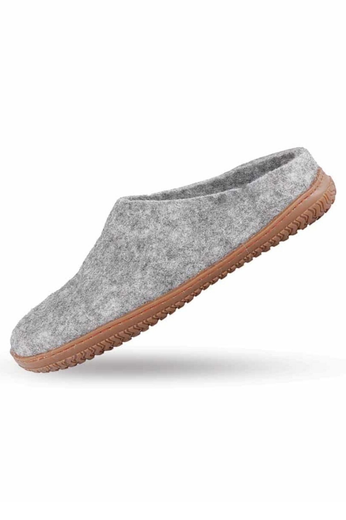 Håndlavede grå uld tøffel uden hæl fra Shus.dk, lavet af 100% New Zealandsk uld, sikrer varme og komfort. Med natur gummisål. Dansk design.