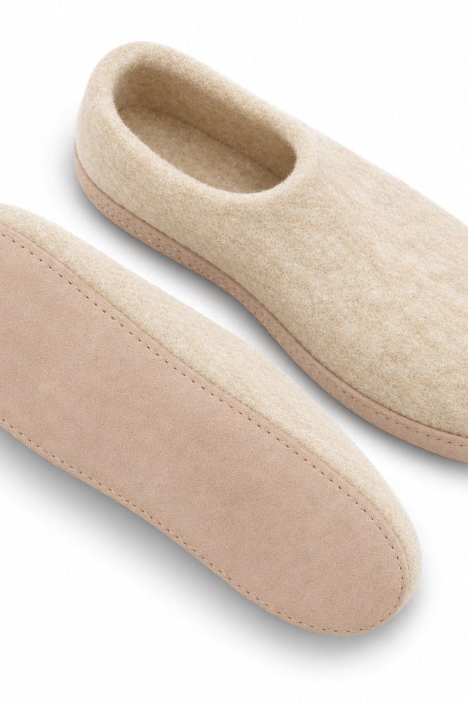 Uldhjemmesko (100% ren uld) - Model beige m/sål i skind