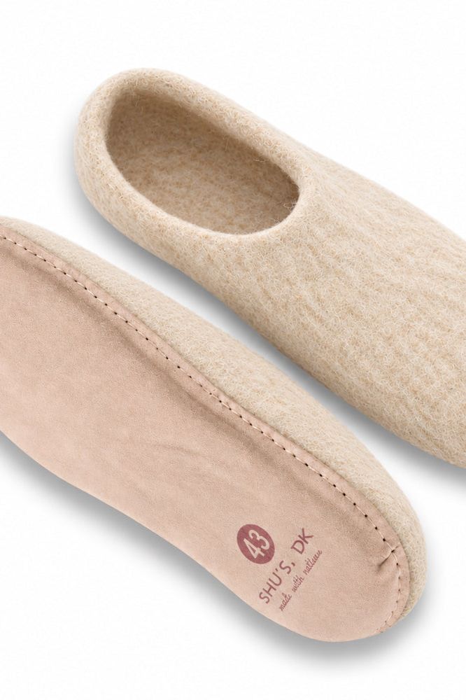 Uldtøffel (100% ren uld) - Model Beige m/sål i skind