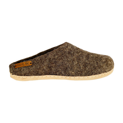 Uldtøffel (100% ren uld) - Model Brun m/sål i skind - Dansk Design fra SHUS