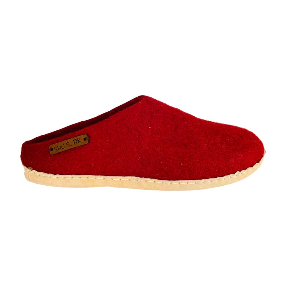 Hjemmesko og Uldtøffel (100% ren uld) - Model Rød m/sål i skind - Dansk Design fra SHUS