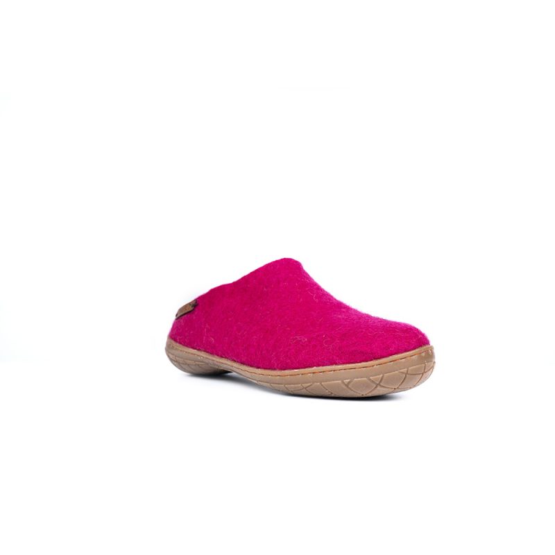 Pink sutsko i uld fra SHUS.dk – 100% ren uld, håndlavet, åndbar, og med naturgummisål for komfort og holdbarhed.
